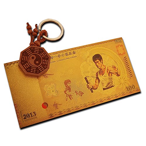 Anne's Gift Emporium Bruce Lee Plaqué Or Billet de Collection Arts Martiaux Cadeau Hommage au légendaire Bruce Anniversaire en Bois Yin Yang Porte-clés MMA Fighters
