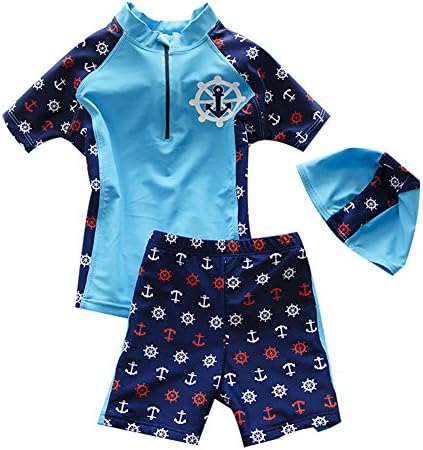 Babyicon 3pcs Baby Boys Sun Protection Swimwear Swimsuit Bathing Suit With Cap (3-4 years old, Blue)