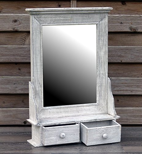 Bezaubernder Wandschrank Hängeschrank Küchenschrank Spiegelschrank Badspiegel Spiegel Wandregal und 2 Schubladen Grau/Weiß Landhaus Vintage Shabby Chic - 43,5x62cm