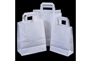 100 x White Paper Carrier Bags with Flat Handles - 18cm x 22cm x 8cm by MARENT