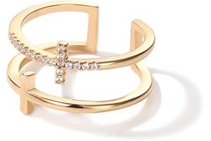 Yifnny Bague Ouverte Croisée à Double Couche, Bague Double Croix en Or 18K Foi Religieuse Jésus Bague Croix Bagues pour Femme Fille