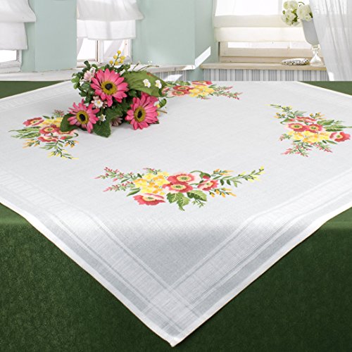 Bezaubernde Stickpackung " BLUMENROMANTIK " mit zauberhaften Blumen - Stickdecke 80 cm x 80 cm - Stielstich Plattstich Schlingenstich Nadelmalerei vorgezeichnet - Stickgarn aus 100 % Baumwolle - fertig gesäumt mit eingewebtem Zierrand - qualitativ hochwertig - zum Sofort-Loslegen - Mitteldecke 80 cm x 80 cm - zum Selbersticken - aus dem KAMACA-SHOP