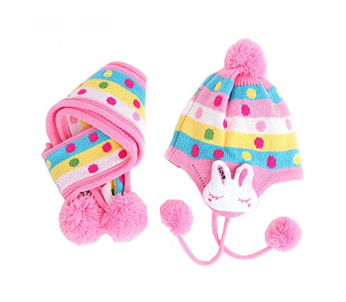 Womdee(TM) Pink Baby Rabbit Ear Colorful Stripe Polka Dot Weave Knitting Earmuff Scarf Hat Set(6Months-4Years) -1Set(2Pcs)