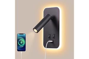 AWEKLIY Applique murale LED, liseuse de chevet avec interrupteur, port de charge USB, éclairage d'ambiance de chambre à coucher Spot réglable (3W 3000K + 9W 6000K) Noir