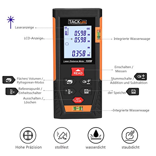 Tacklife HD 100 Klassischer Laser-Entfernungsmesser Distanzmessgerät(Messbreich 0,05~100m/±2mm mit 2 Level Blasen Messinheit m / in / ft mit Hintergrundbeleuchtung ) Schwarz-Orange - 2