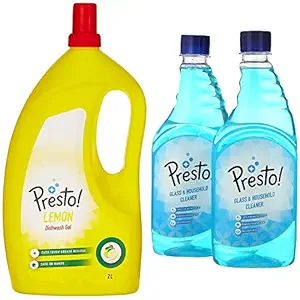 Amazon Brand - Presto! Dish Wash Gel - 2 L (Lemon) & Amazon Brand - Presto! Glass and Household Cleaner Refill - 500 ml (Pack of 2)