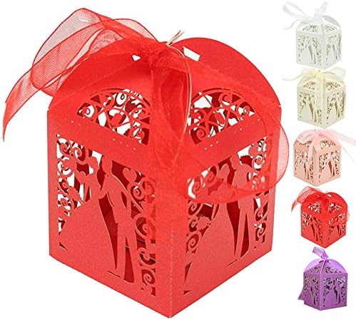 Greenmigo 50pcs Laser Cut Wedding Sweets Bride and Groom Wedding Favor Candy Gifts Boxes Box with Ribbons Bridal Shower Wedding Party Favors(Red)
