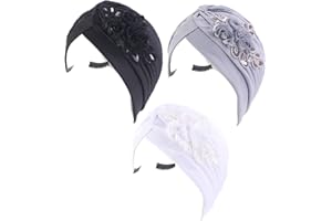 ILUFAM 3PCS Turbans for Women Sequins Flower Turban Head Wrap Headwear Pleated Beanie Cap Hair Loss Hat