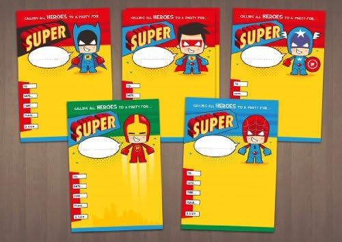 Children's birthday party invitations x 20 - Mixed Superhero costumes (NO ENVELOPES)