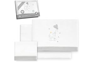 Interbaby - Juego Sabanas Cuna 60x120 Algodon 100% | Sabana Cuna Franela, Cálida, Suave | Incluye Sabana Bajera, Encimera y Funda de Almohada | Ideal para Invierno | Elefante Globo Corazón Blanco/Gris