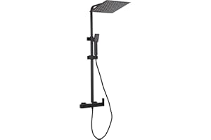 VALAZ Columna Ducha Monomando Negro Mate | Mezclador Agua Fría y Caliente, Ahorro de Agua | Instalación Fácil y Rápida | Inoxidable, Redonda, Longitud 80-120 cm, Rociador 20 cm, Serie Segura