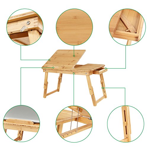 SONGMICS H  henverstellbarer Laptoptisch mit Schublade  klappbarer Notebooktisch aus Bambus  Betttisch f  r Lesen oder Fr  hst  cks  Zeichentisch und 