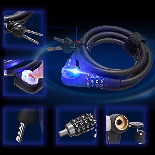 OUTERDO LED Licht Selbst Coiling MTB Fahrradschloss Kableschloss 4 Steillige + Schlüssel + LED Licht, Doppelter Schutz Anti Diebstahl Schloss 1.8M Schwarz - 7