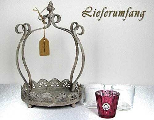 Teelichthalter, Gartenlaterne, Windlicht, Tablett „Krone“, Metall im Antik-Look, mit 3 Teelichthaltern. Höhe 36 cm, zum Stellen & Hängen - 8