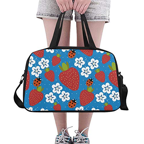 Preisvergleich Produktbild Reopx Bunte erdbeer marienkäfer große Yoga Gym Totes Fitness handtaschen reisetaschen Schultergurt Schuh Tasche für übung Sport gepäck für mädchen männer Frauen im freien