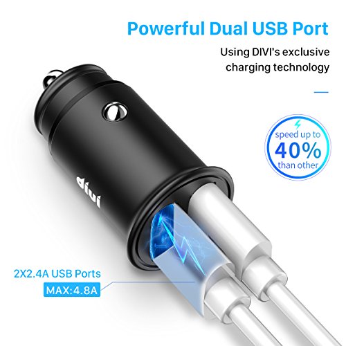 Caricabatteria auto USB 4.8A Caricatore adattatore universale 2 Porte Super Mini Alluminio macchina per iPhone, iPad, Tablet, Smartphone e gli altri dispositivi USB (Nero) (1 confezione)