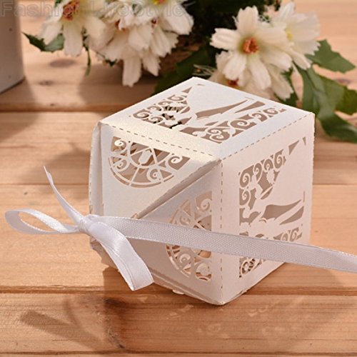 Lavinaya bunte Papierbox mit Motiv Braut und Bräutigam, für Hochzeit, Süßigkeiten, Party, 50 Stück, personalisierbar weiß - 4