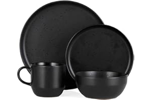 Barbary & Oak BO867005BLK Luna 16 Piece Dinnerware Set, Stoneware, Matte Black with Gloss Speckle
