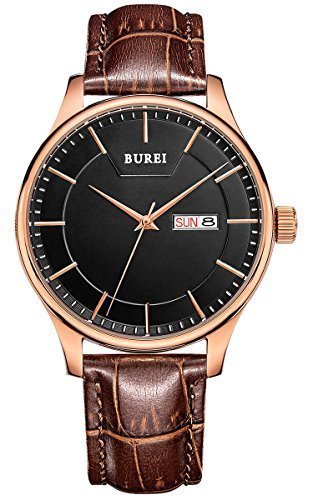 BUREI Herren Armbanduhr schwarz mit braunem Quarz Datum Tagesanzeige Lederarmband SM-13001-P05ER BUREI Herren Armbanduhr schwarz mit braunem Quarz Datum Tagesanzeige Lederarmband SM-13001-P05ER