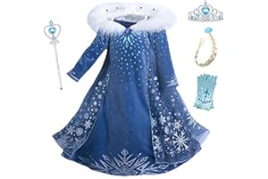 YOSICIL Vestido Elsa con Capa Disfraz de Princesa de Invierno Niñas Manga Larga Vestido Frozen Nieve Traje de Fiesta Costume Princesa Anna para Regalo Cumpleaños Boda Vestido Largo 3-10Años,Azul 130