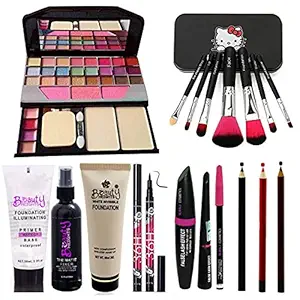 Rupali 7pcs Makeup Brush Kit, Primer, Fixer, Foundation, Waterproof 36h Sketch Eyeliner and 3in1 Combo Set Eyeliner,mascara,pencil with 3 Shade Lipliners (Pack of 12)