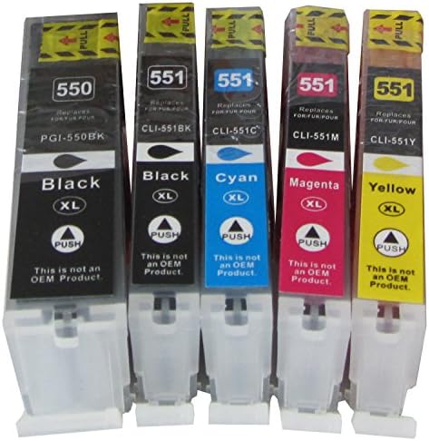 ESmOnline Compatible XXL Printer Cartridges with Chip and Level Indicator x5 for CANON Pixma ip7250 MG5450 MG5550 MG6350 MG6450 MG7150 MX725 MX925 Replacing 1x Canon PGI-550PGBK XXL Black 1x Canon CLI-551BK XL Photoblack 1x Canon CLI-551C XL Cyan 1x Canon CLI-551M XL Magenta 1x Canon CLI-551Y XL Yellow