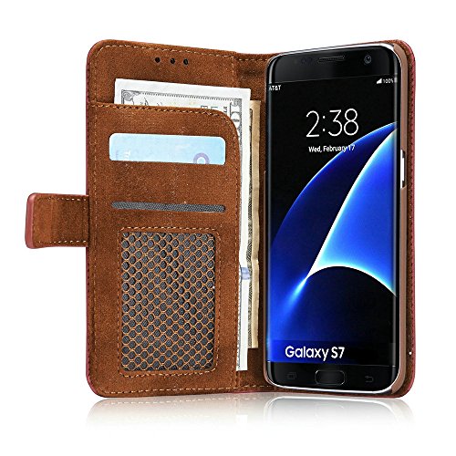 Samsung Galaxy S7 Hülle, Samsung Galaxy S7 Schutzhülle Leder Hülle, Alfort 2 in 1 Retro Ledertasche Gasdurchlässig Design Dual Use Falten Premium PU Leder Tasche Case Cover Flip Mappen Kasten Abdeckung für Samsung Galaxy S7 ( Nein Edge ) 5.1″ Smartphone Funktion Standfunktion Unterstützte Telefone mit einem Magnetverschluss ( Rote ) + Alfort Schwarz Stylus Pen - 4