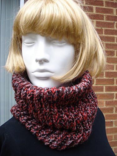 Neck Warmer Cowl Collar Hand Knitted In Chunky Reds And Black Wool Mix Yarn