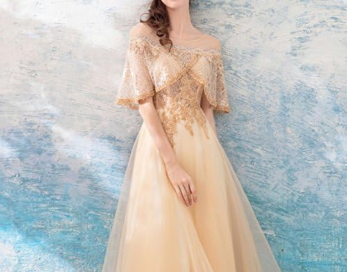 HDJJKSH Fashionable elegance elegant golden lace bridal wedding toast clothing wedding dress,Golden,S