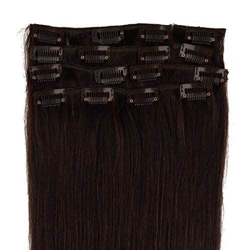 Beauty7 Pelucas Larga 7 Unidades 70g Extensiones de Clip de Pelo Natural Pelucas Cabello Humano Moreno de Color 2 Marrón Oscuro de 16 pulgadas