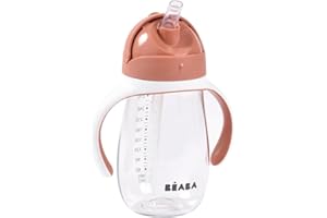 BÉABA, Biberon/Tasse d'apprentissage 2 en 1, Tasse Paille Enfant, 100% étanche, Anti-fuite, Facile à Ouvrir, Poignées amovibles, Tritan et Silicone, 300 ml, Terracotta