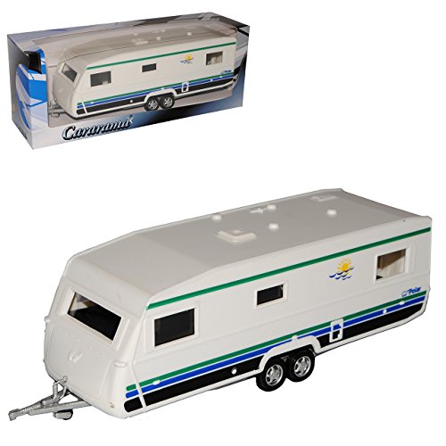 Cararama Anhänger Wohnwagen Weiss mit Blau Doppelachser extra lang 1/43 Modell Auto