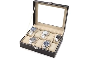 YAGOSODEE Watch Storage Box Black Watch Case with Lock, 10 Slots Bracelet Watch Box Luxury Watch Holder, PU Leather Elegant Watch Jewellery Display Box with Lid Gift for Men Women, Beige Velvet Lining