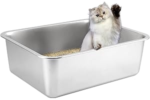 HOUSLUX Cat Litter Tray, 50 * 35 * 15cm, Litter Box Large Cat Litter Trays, Never Absorbs Odors, Rustproof, Litter Tray Stainless Steel Non Stick Smooth Surface