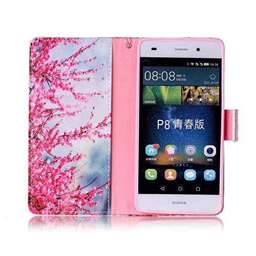 Feeltech HUAWEI P8 Lite Hülle,HUAWEI P8 Lite Magnet Leder Wallet Cover,Elegant Soft PU Kartenfach Extra Dünn Tasche Bunte Relife-Muster [Stand Funktion] Karte Halterung Klapp hülle Flip Book Design Case Flexible TPU Ultra Slim Inner Bumper Tasche mit Landyard [Free Stylus] für HUAWEI P8 Lite – Zwetschge Blüte - 4