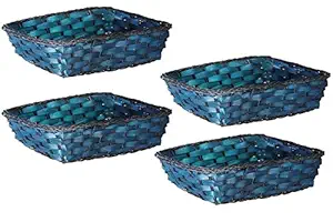 Fourwalls Multipurpose Table Storage Wicker Rectangle Cane Basket (Set of 4, Blue, 22 cm x 16 cm x 5 cm)