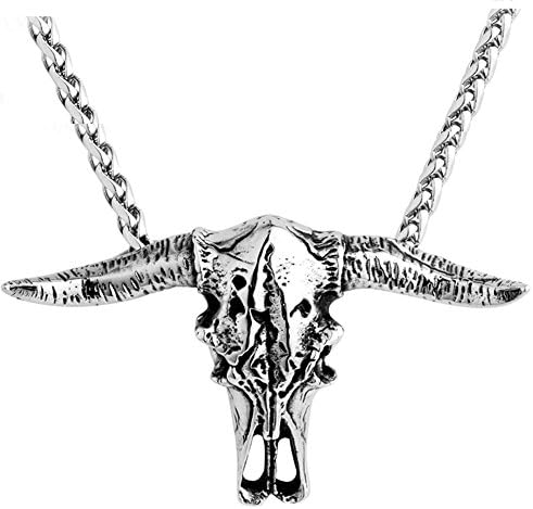 Silver Stainless Steel Gothic Bull Skull Skeleton Vintage Pendant Necklace + 24" Chain