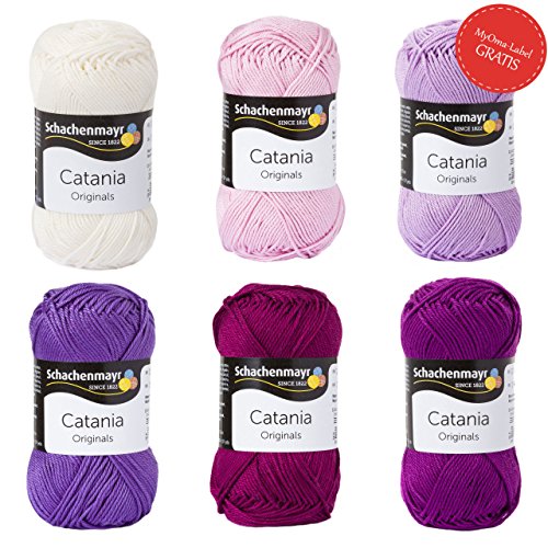 Wolle Set / Schachenmayr Catania Wolle Set * Wollmix Flieder klein * Catania von Schachenmayr Wolleset Sommerwolle farbintensives Baumwollgarn inkl. MyOma Wollrausch Label – Schachenmayr Catania Wolle zum Stricken / Wolle zum Häkeln – Schachenmayr Garn in verschiedenen Farben als Sortiment von MyOma