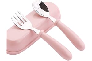 SOOJET Forchette e cucchiai, set di posate per bambini in acciaio inox, set forchetta e cucchiaio coperto apprendimento Bebe (rosa)
