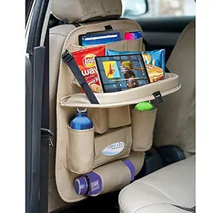 S.K.Y|Car Leather Organizer for The Back seat Folding Dinner Posture Back Handing Bag (Beige)