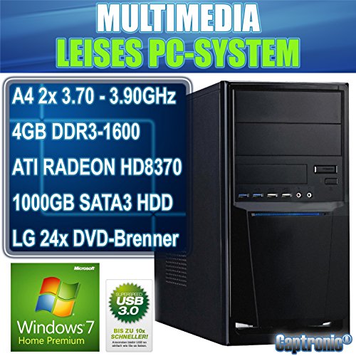 Captronic® (A4-6300-4GB-HD8370D-1TB-Win7HP) Windows 7 Home Premium 64bit | DualCore Silent PC Front USB 3.0 AMD A4-6300 2x 3,70GHz (Turbo bis 3900MHz) | KINGSTON 4GB DDR3-1600 | 24x DVD-Brenner | 1000GB HDD SATA3 | ATI Radeon HD 8370 2GB HDMI/DVI/VGA | CardReader | 7.1 Sound | GigabitLAN | Design Gehäuse Schwarz - 2