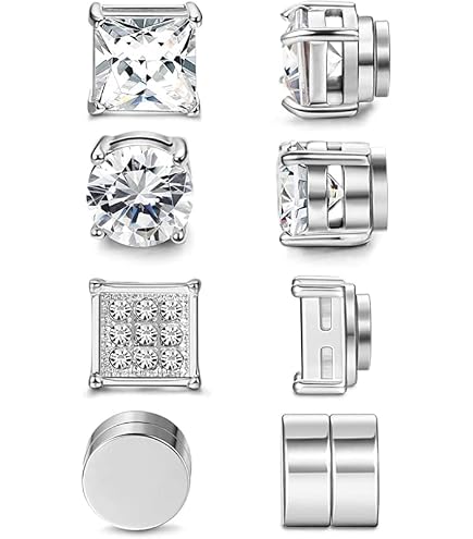 4 Paires De Boucles D’oreilles Magnétiques En Acier Inox – Sans Perçage, Zircone Cubique Verte