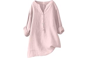 FUNALOE Womens Tops Linen Tops for Women UK Casual Loose Long Sleeve T-Shirt V Neck Cotton Shirt Women Summer Tops Swing Plus Size Button Up Shirt Womens Tunic Tops Solid Color Elegant Tshirt Size 8-22