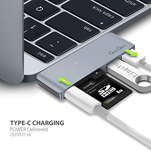 GN21B Typ-C Hub USB C Adapter mit 1 USB-C Anschluss (Stromversorgung), 1 SD-Karte Steckplatz, 1 Mikro-SD Steckpatz und 2 Superspeed USB 3.0 Ports Aluminiumgehäuse geeignet für MacBook, MacBook Pro, Google Chromebook, Hua Wei Matebook (Grau) - 3