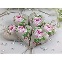 6 feine Stoffherzen in taupe mit Rosen in rosé/pink