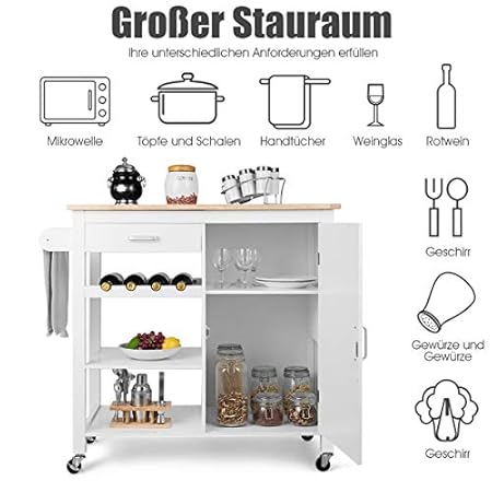 COSTWAY Küchenwagen rollbar, Kücheninsel mit Handtuchhalter
