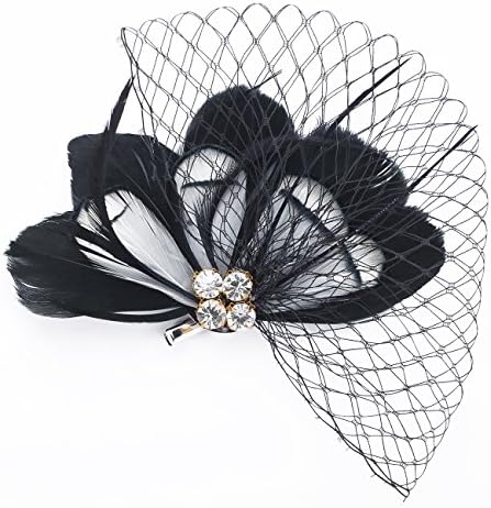 Janeo Headwear AUSTIN Rose Fascinator; Flirtatious Feathers Fan arrangement with Diamantes Crystals and Netting. Budget Price. Colours: Black, Cerise, Purple and Turquoise with White Combination