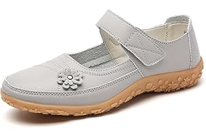 VLOOKST Womens Leather Mary Janes Ladies Fit Flat Shoes Comfort Casual Work Office Nursing Sandals