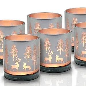 The Purple Tree Reindeers in Snow Mercury Glass Tealight Holders for Christmas, Diwali (Pack of 6, Silver ) Diwali Tealights, Christmas Tealights, Home Decor , Diwali Candle Decoration , Diwali Gift