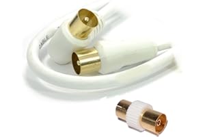 kenable RF Right Angle TV Aerial Freeview Plug Video Cable & Coupler GOLD 5m White [5 metres]